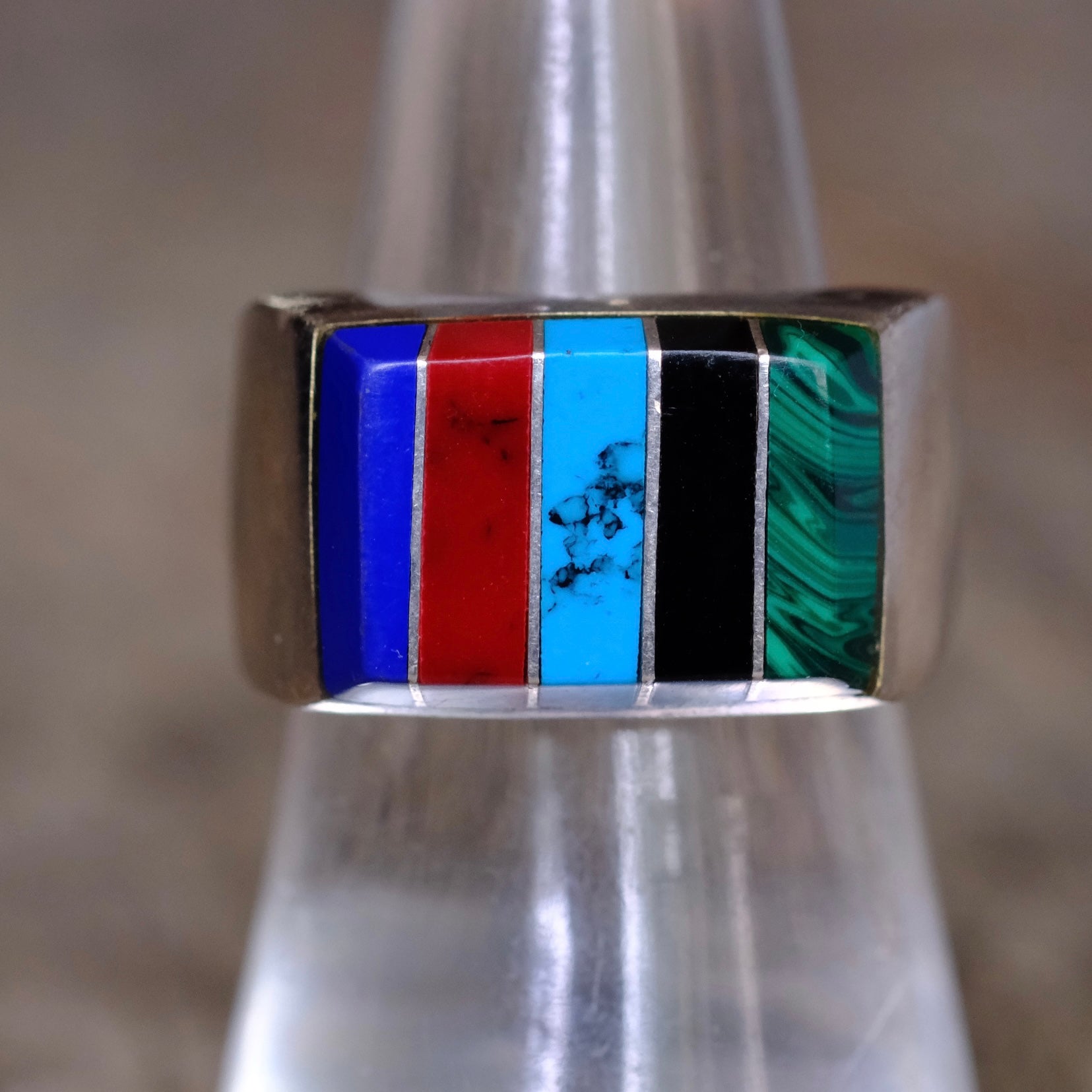 Vintage Sterling Multistone Inlay Striper Ring 7.75