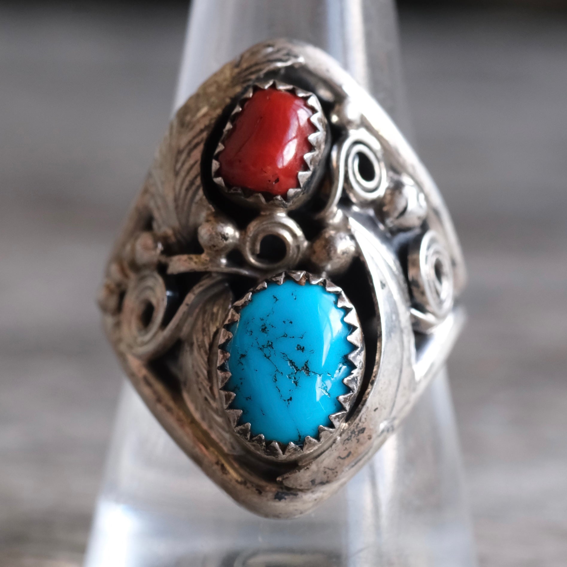 Vintage Sterling Turquoise and Coral Feather Ring 10.25