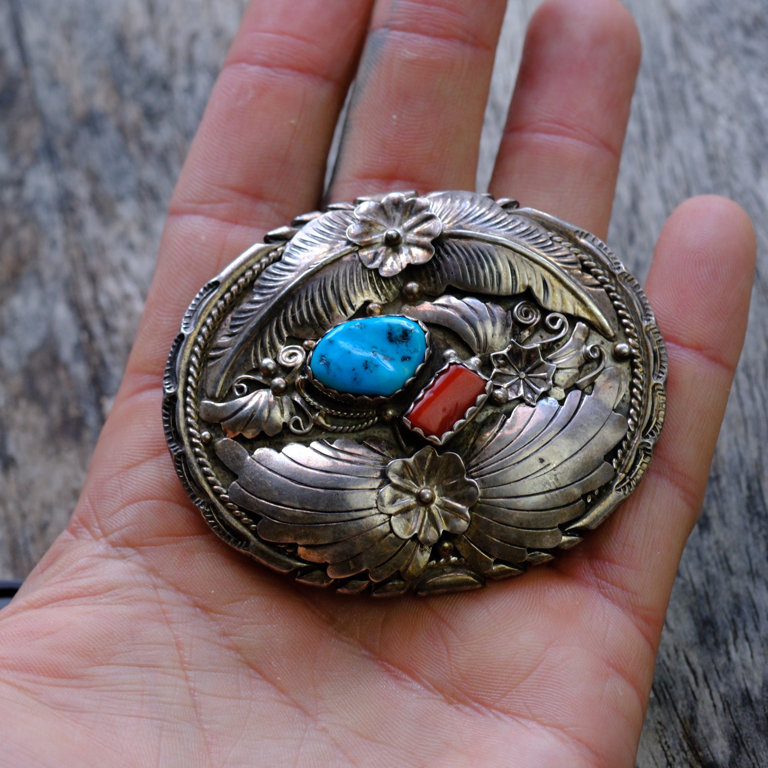 Vintage Sterling Turquoise and Coral Feather Belt Buckle