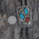 Vintage Sterling Turquoise and Coral Feather Bolo Tie