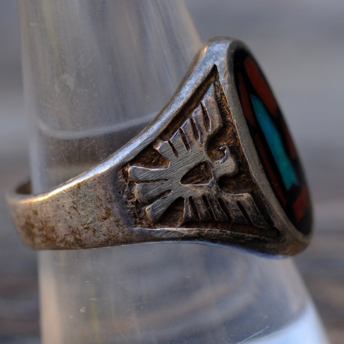 Vintage Sterling Turquoise and Coral Chip Thunderbird Ring 9.5