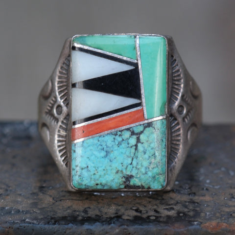 Vintage Sterling Multistone Inlay Stamped Band Ring 11.75