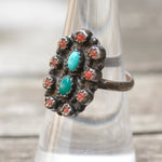 Vintage Sterling Turquoise and Coral Cluster Ring 6.75