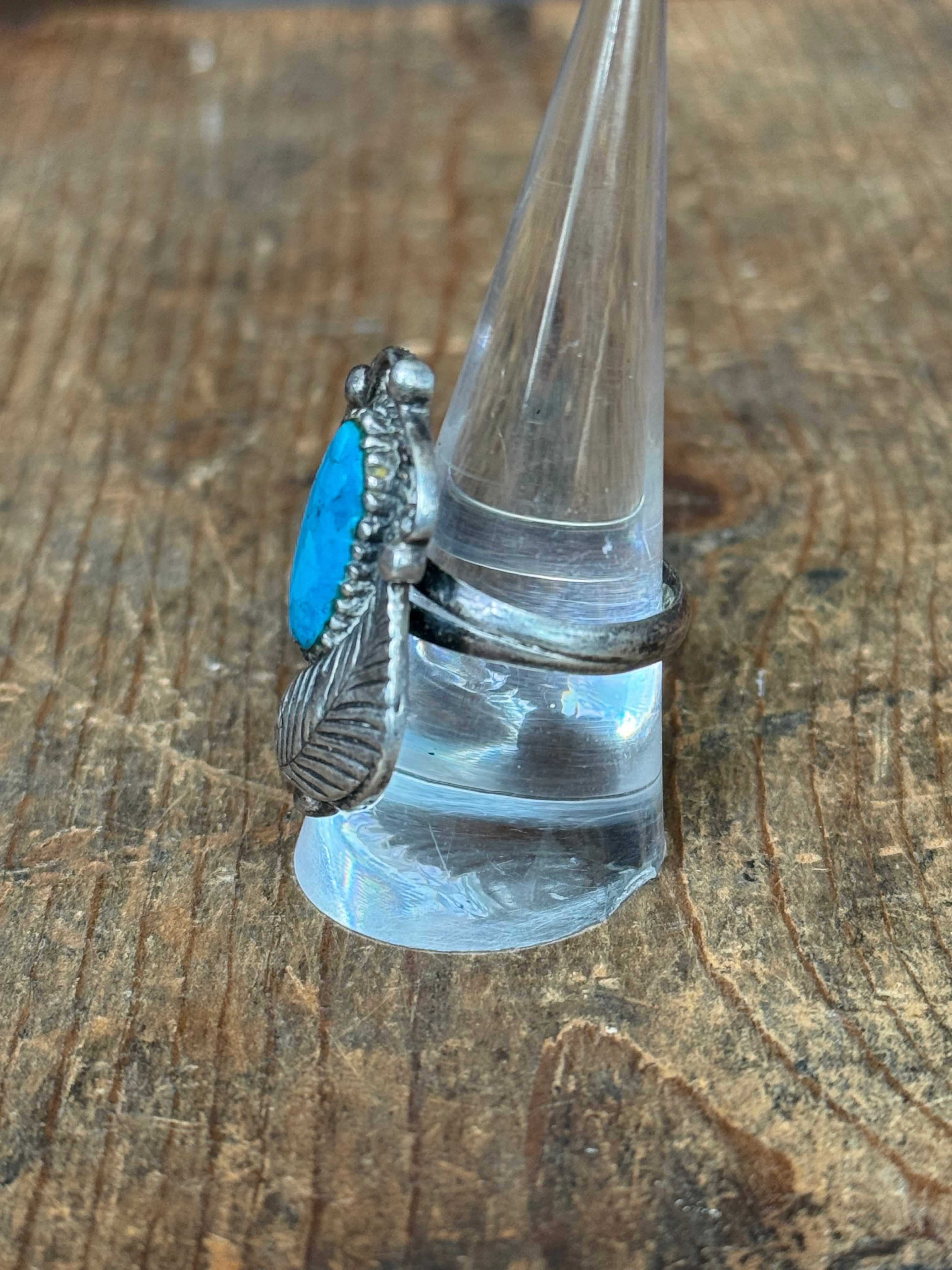 Vintage Sterling Silver Turquoise Leaf Filigree Ring 8.5