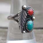 Vintage Sterling Turquoise and Coral Feather Ring 7.75