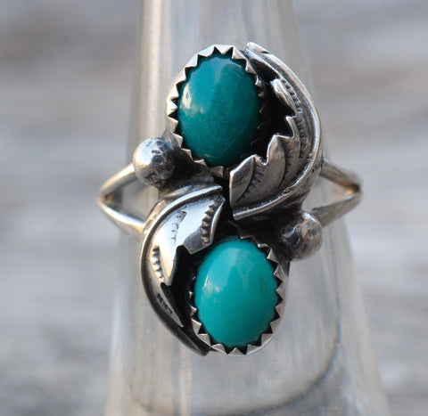 Vintage Sterling 2-Stone Turquoise Feather Ring 5.75