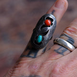 Vintage Sterling Turquoise and Coral Shadowbox Ring 3.75