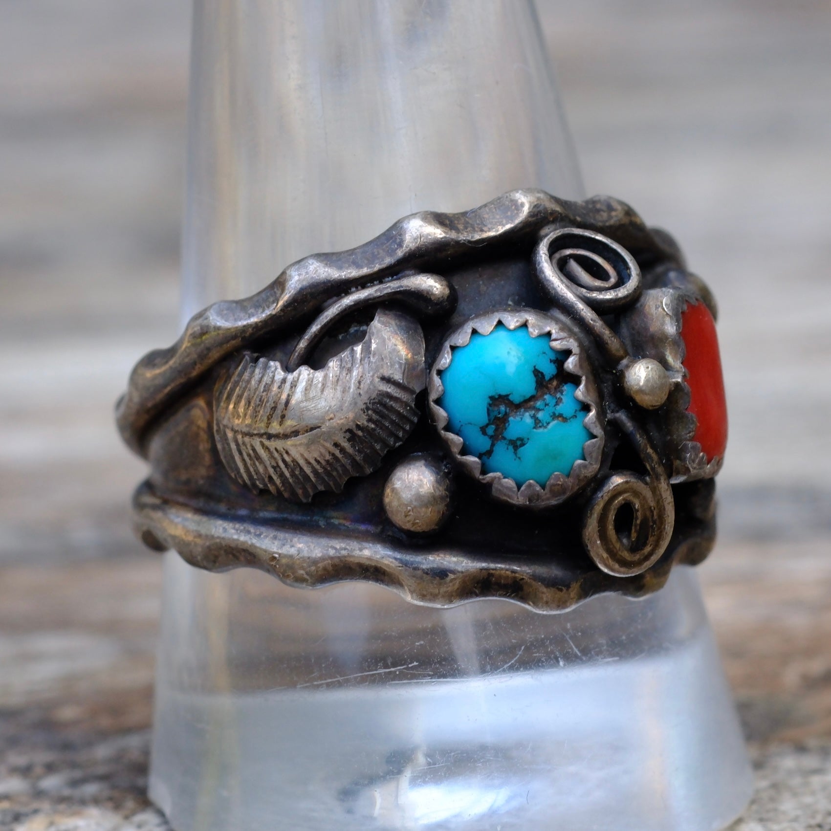 Vintage Sterling Turquoise and Coral Feather Band 12