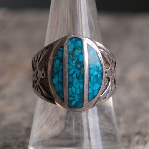 Vintage Sterling Crushed Turquoise Inlay Thunderbird Ring 8.5