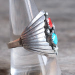 Vintage Sterling Turquoise and Coral Feather Ring 10.25