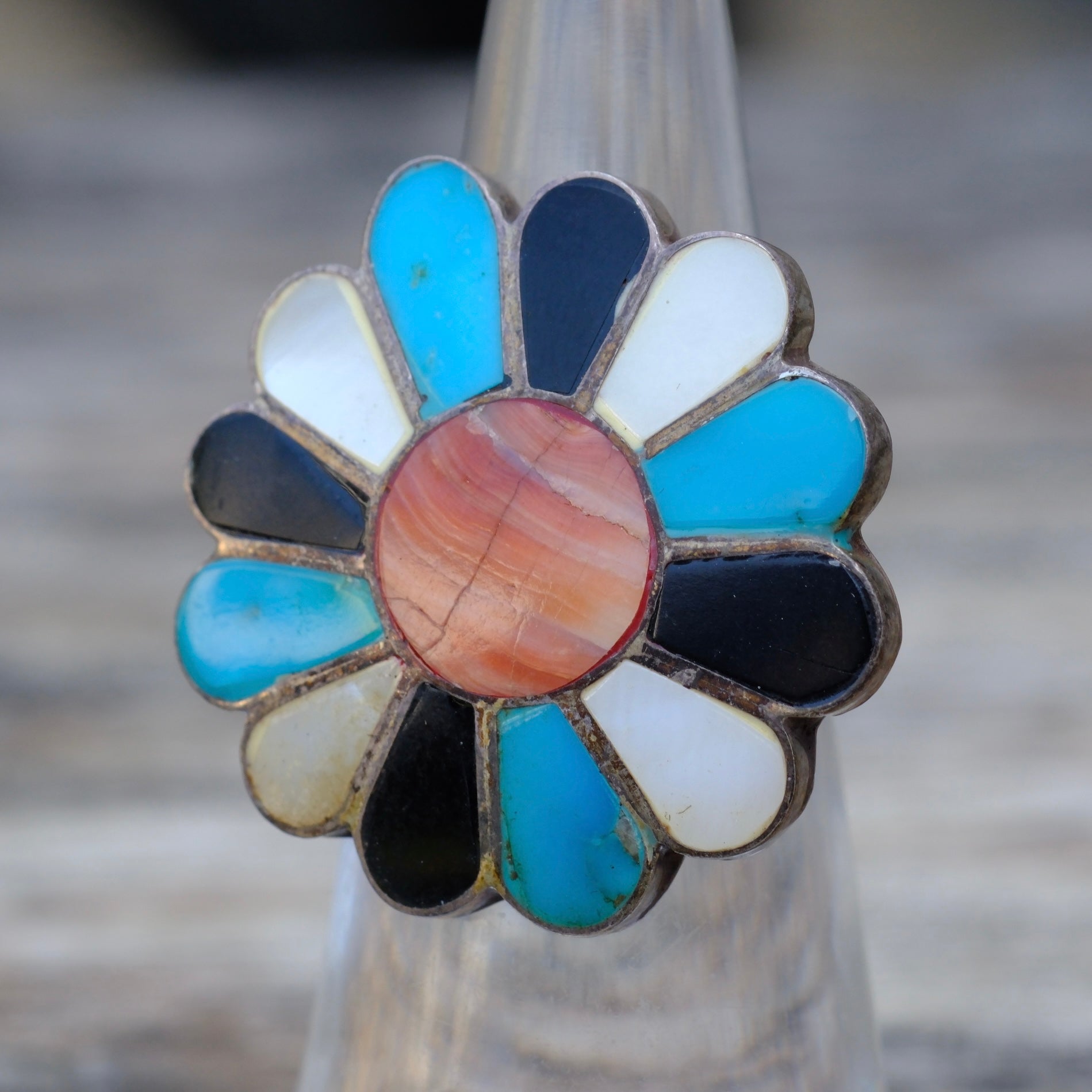Vintage Sterling Multi Stone Inlay Flower Ring 5