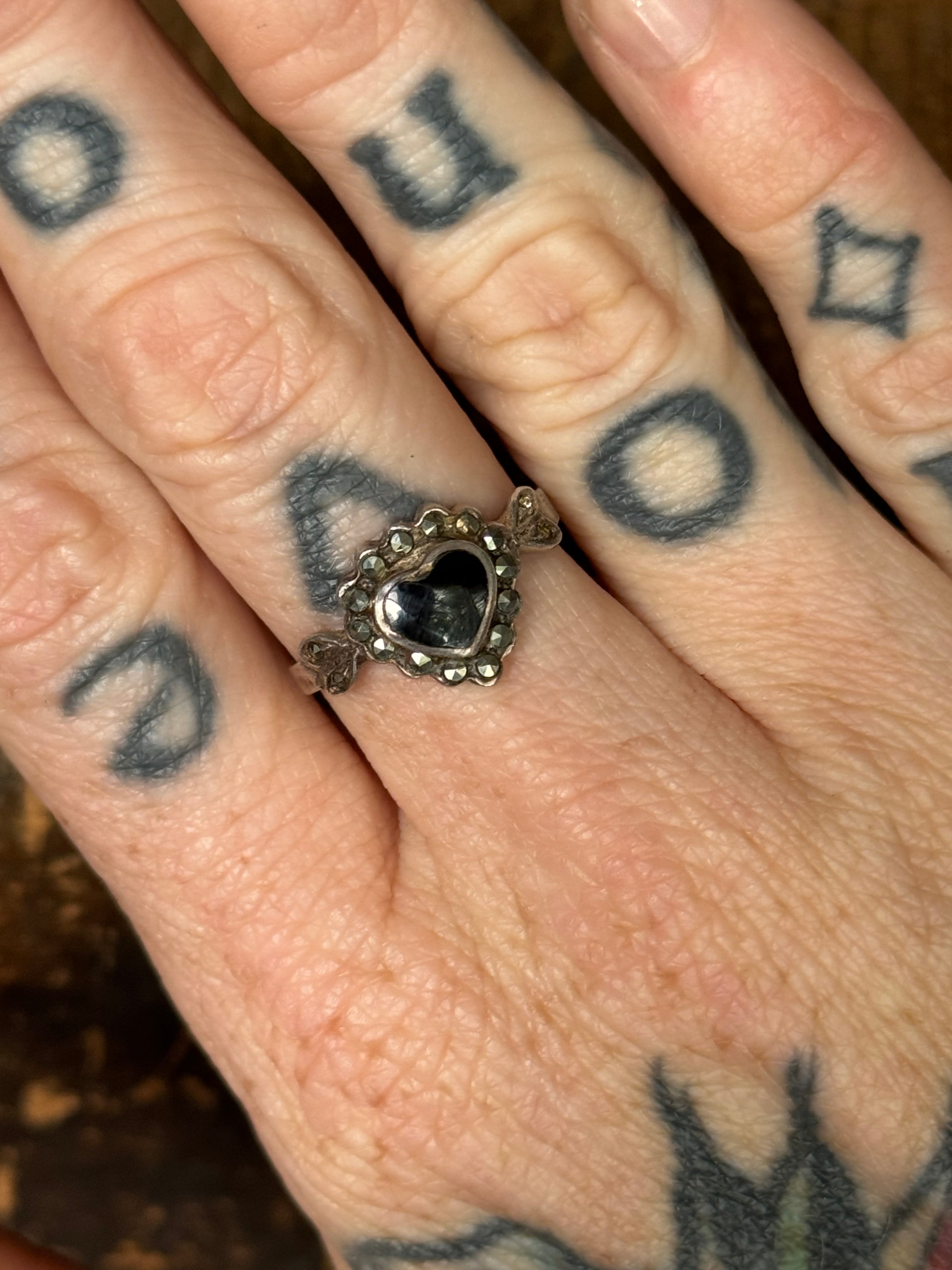 Vintage Sterling Silver Onyx Marcasite Heart Ring 7.75