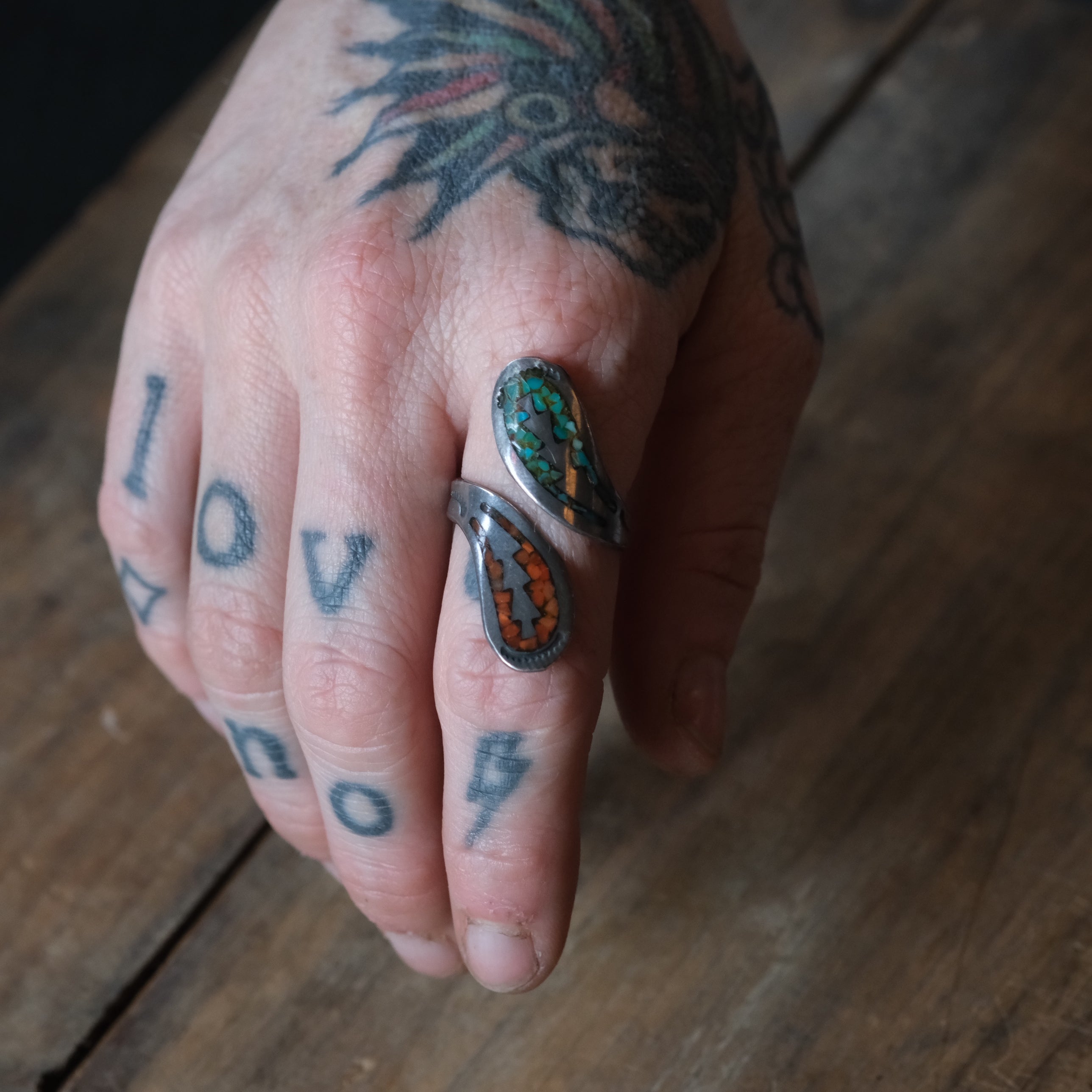 Vintage Sterling Turquoise and Coral Overpass Ring 8