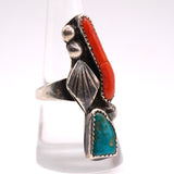 Vintage Sterling Turquoise and Coral Feather Ring 8.75