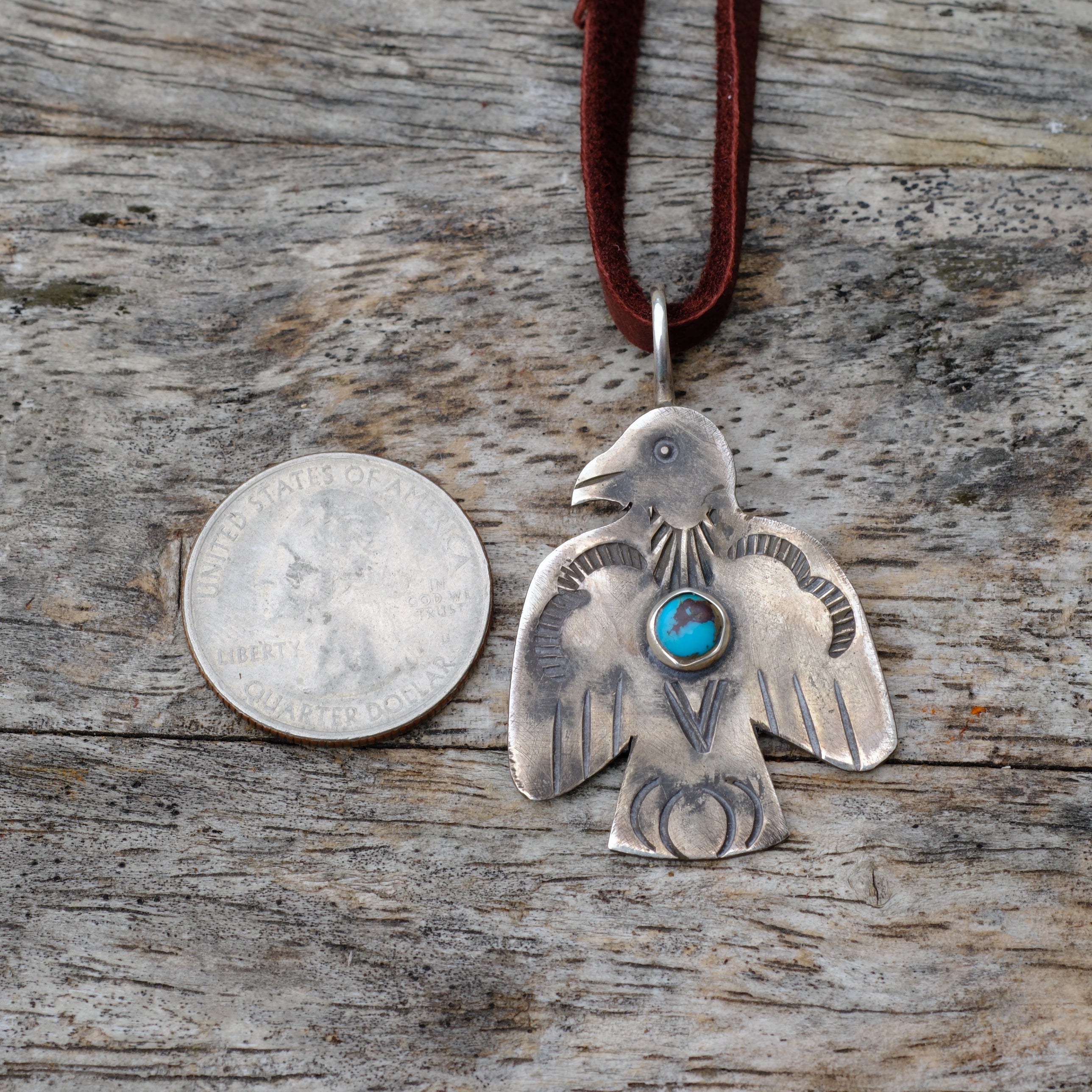 Sterling Silver Stamped Turquoise Thunderbird Necklace