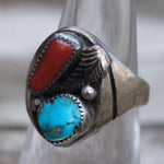 Vintage Sterling Turquoise and Coral Feather Ring 6.5