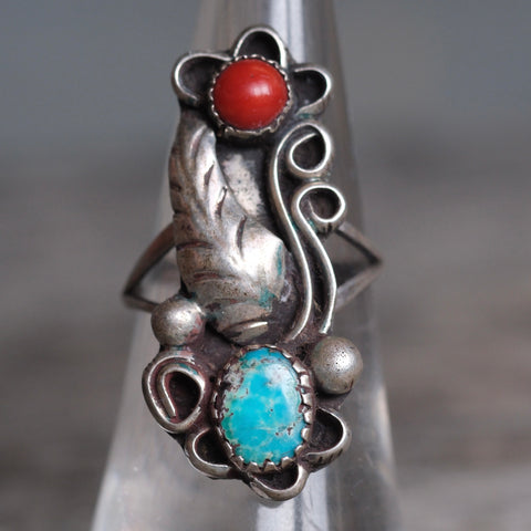 Vintage Sterling Turquoise and Coral Ring 6.25