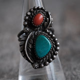 Vintage Sterling Turquoise and Coral Feather Ring 7.5