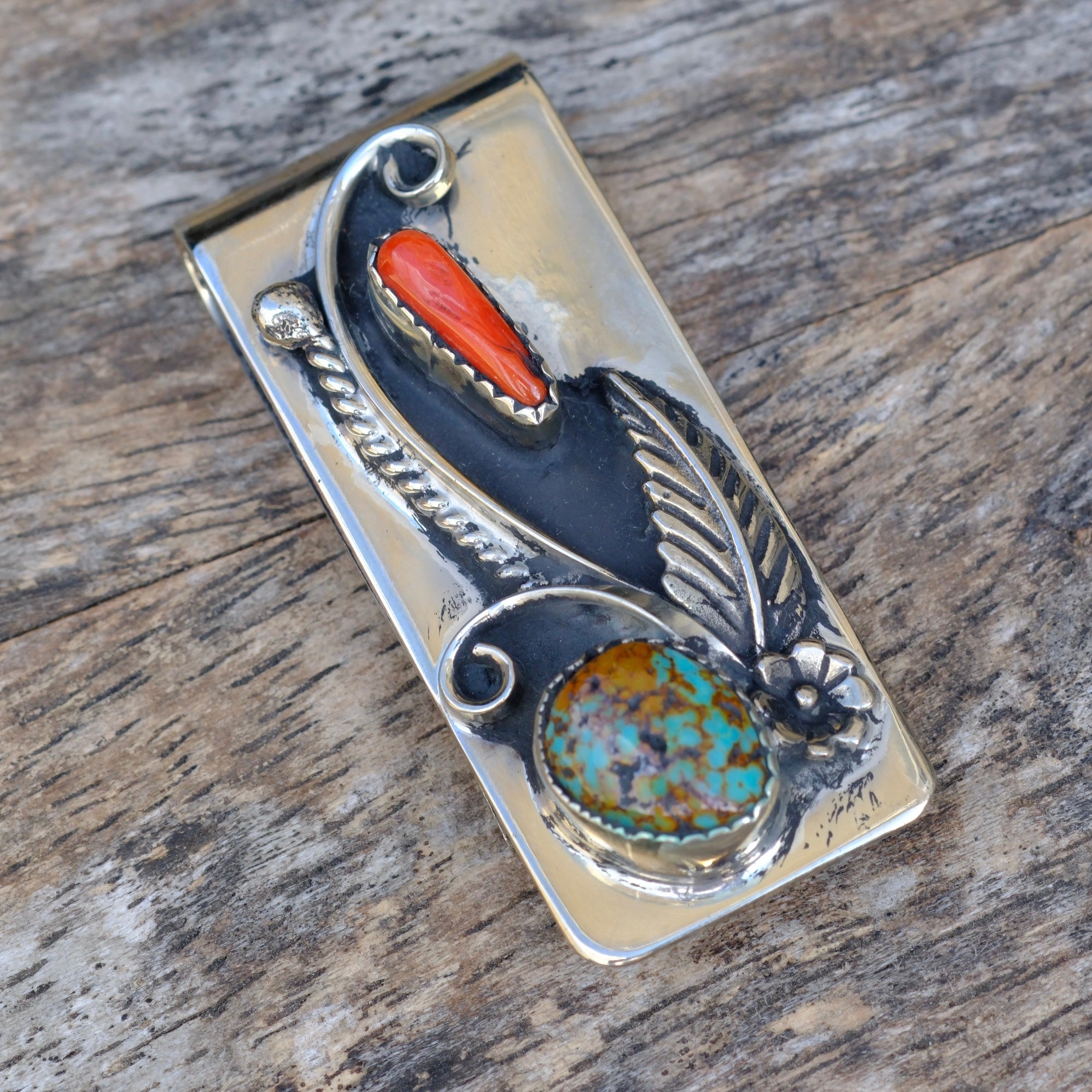 Vintage Turquoise and Coral Feather Money Clip
