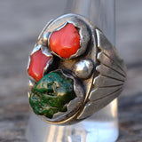 Chunky Vintage Sterling Turquoise and Coral Ribbed Band Ring 11