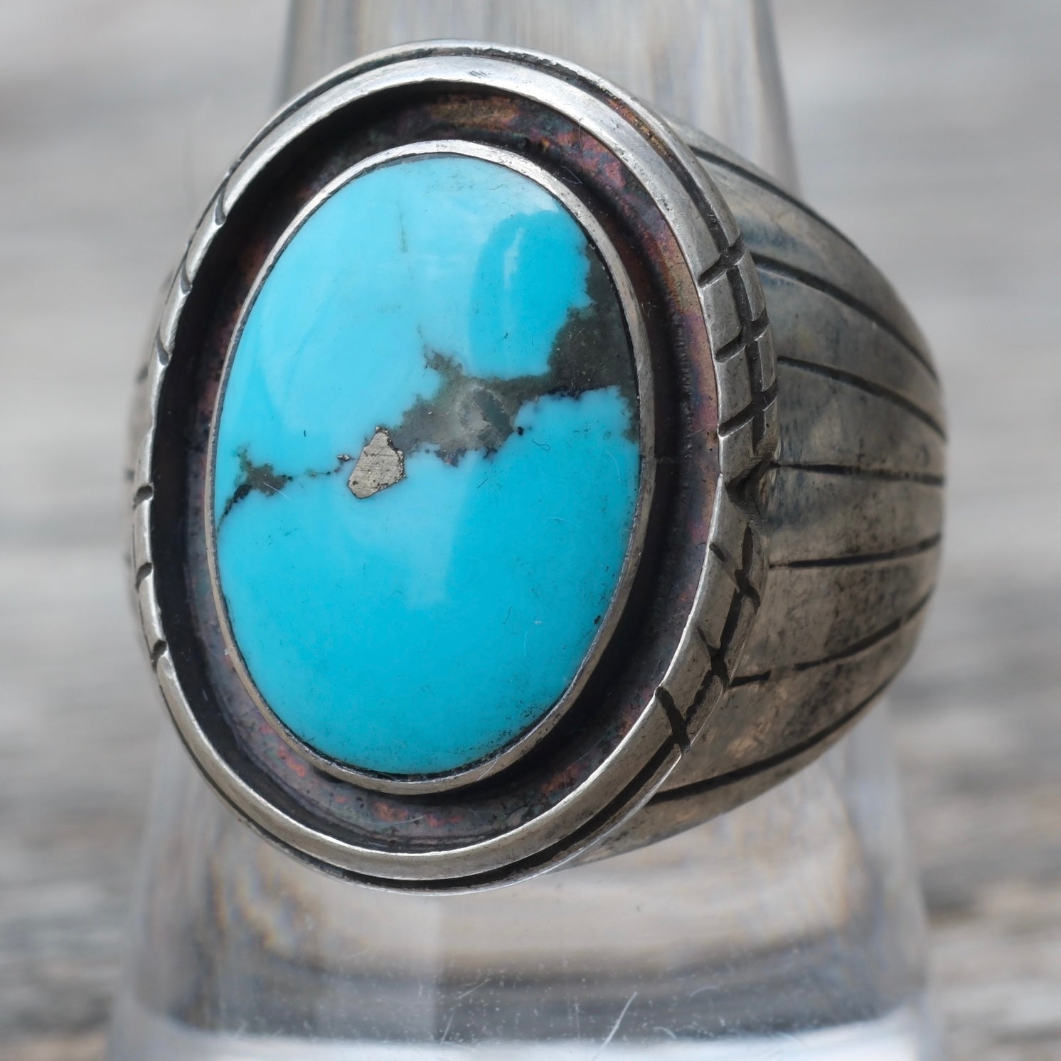 Vintage Sterling Turquoise Ribbed Band Ring 9