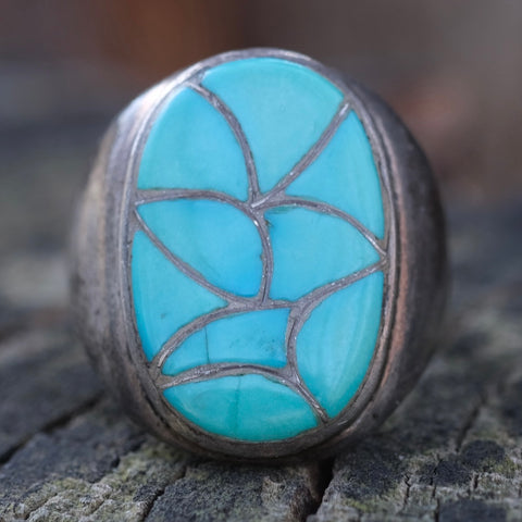 Vintage Sterling Turquoise Inlay Fish Scale Ring 9.5