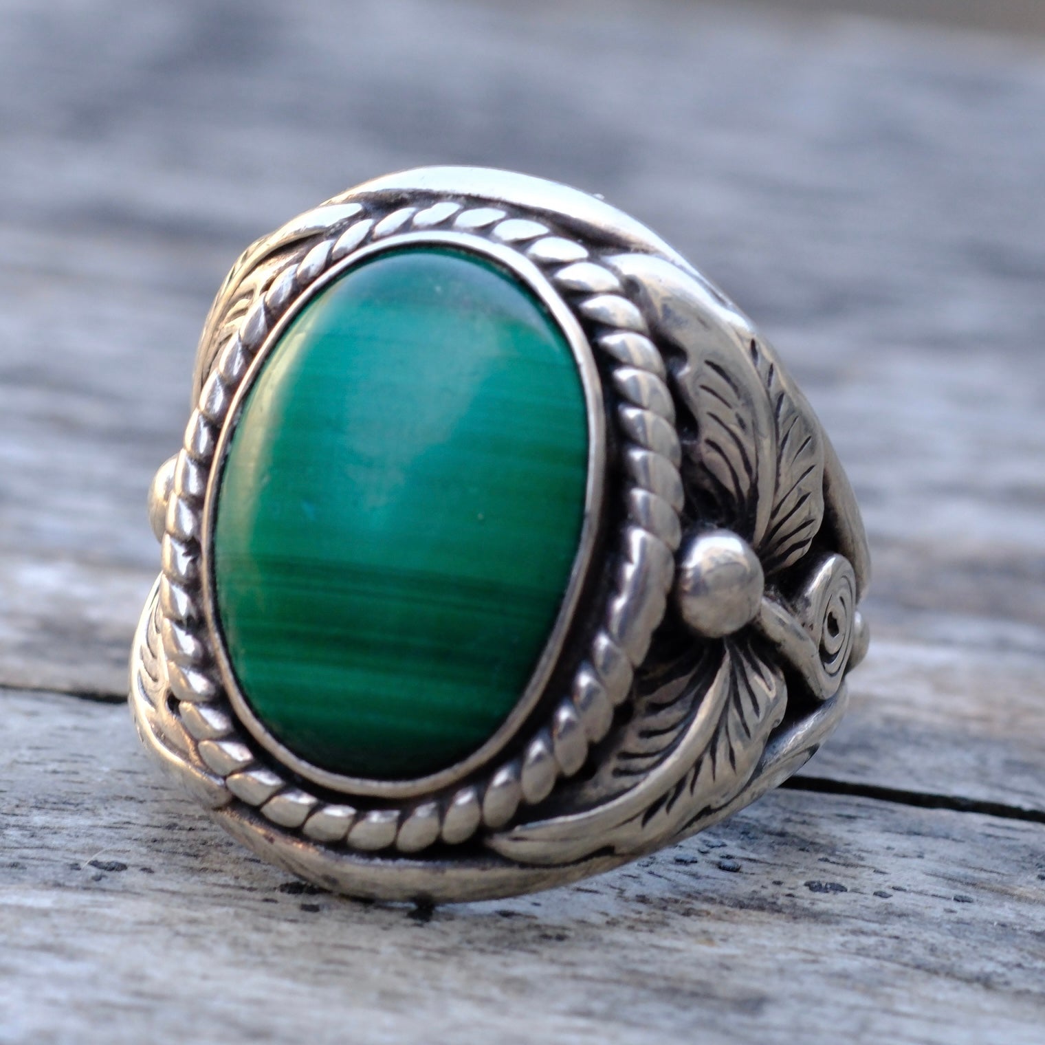 Vintage Sterling Malachite Feather Ring 9