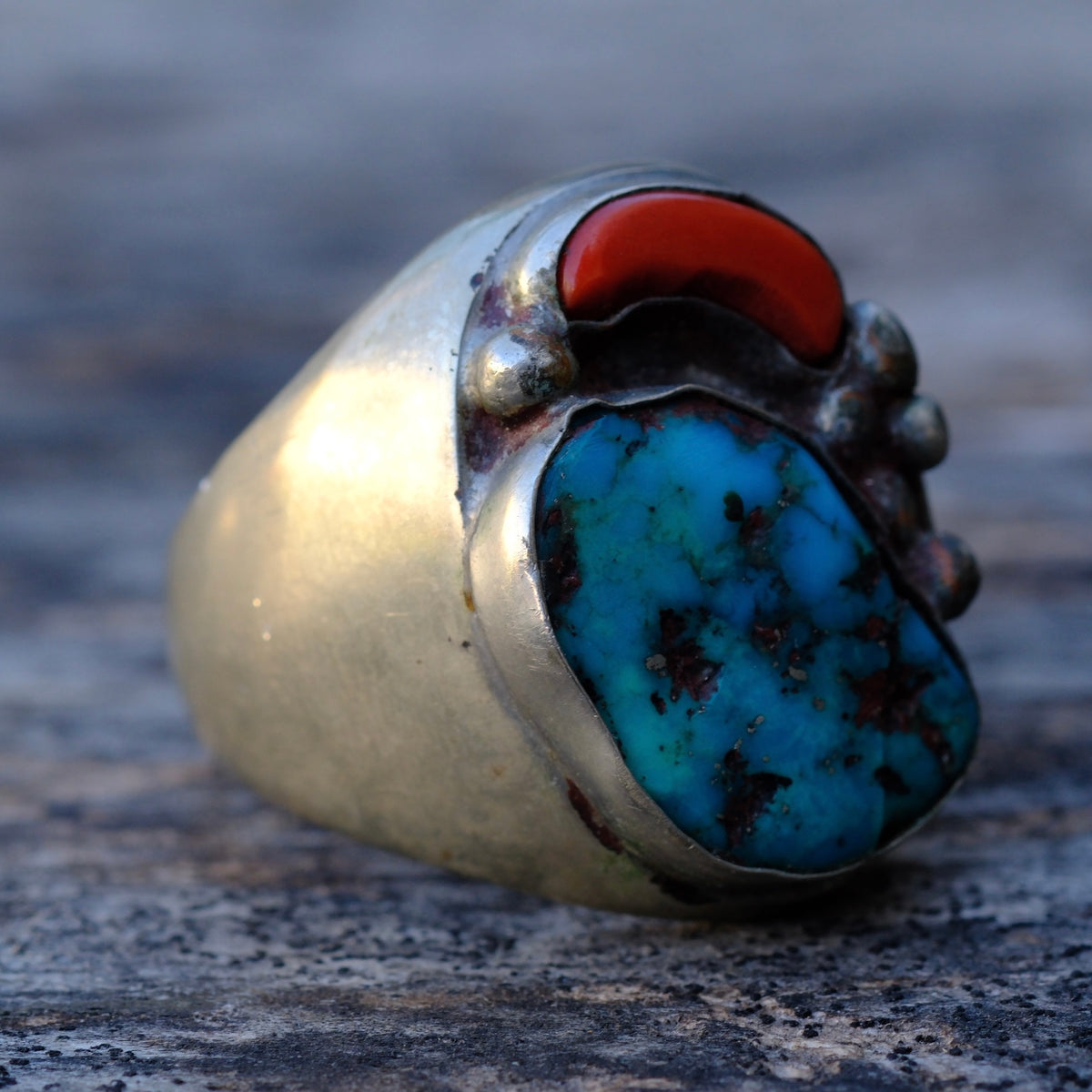 Vintage Sterling Turquoise and Coral Ring 12.5