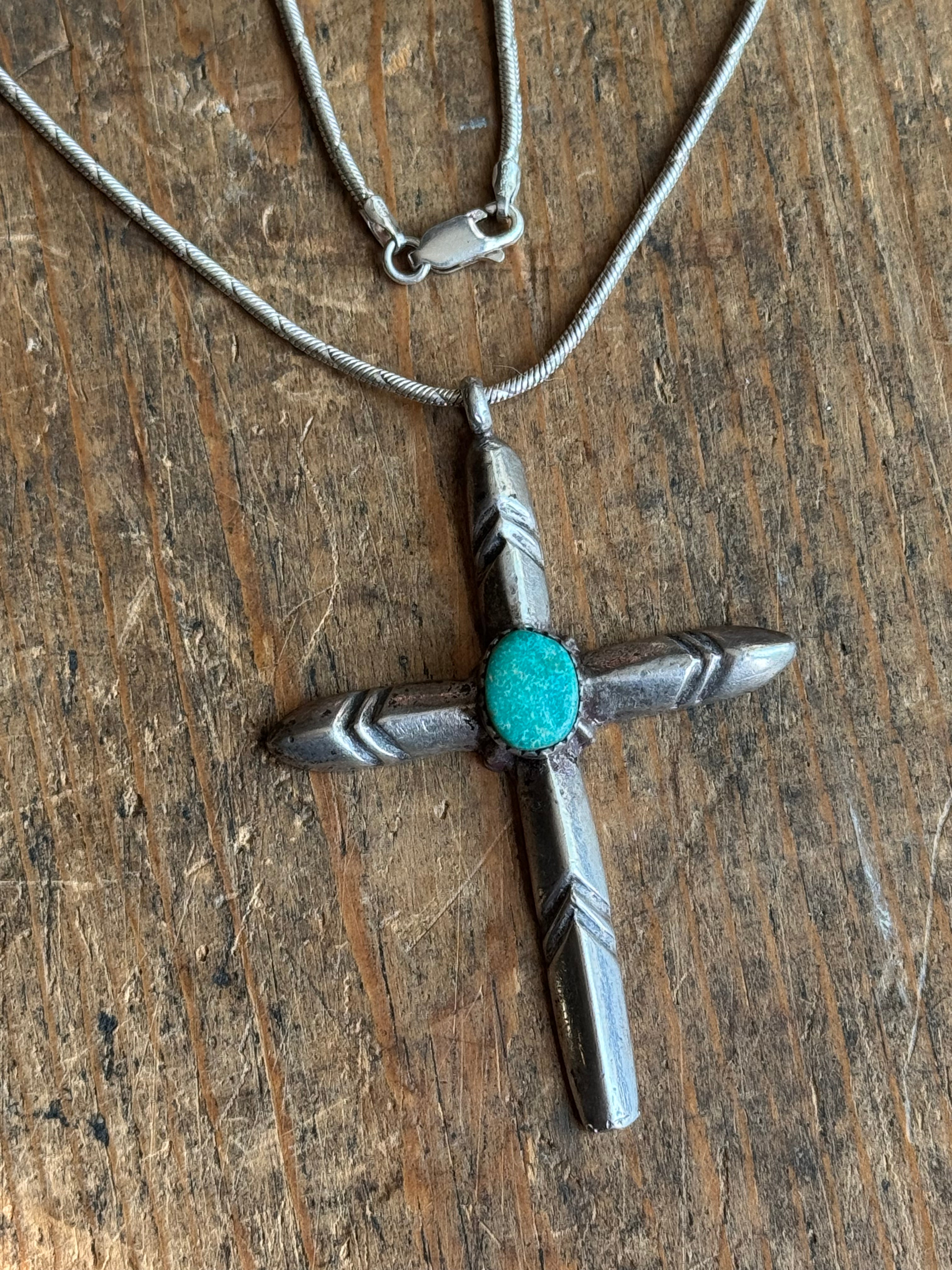 Vintage Sterling Silver Turquoise Cross 23" Necklace
