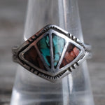 Vintage Sterling Crushed Turquoise and Coral Inlay Ring 10.5