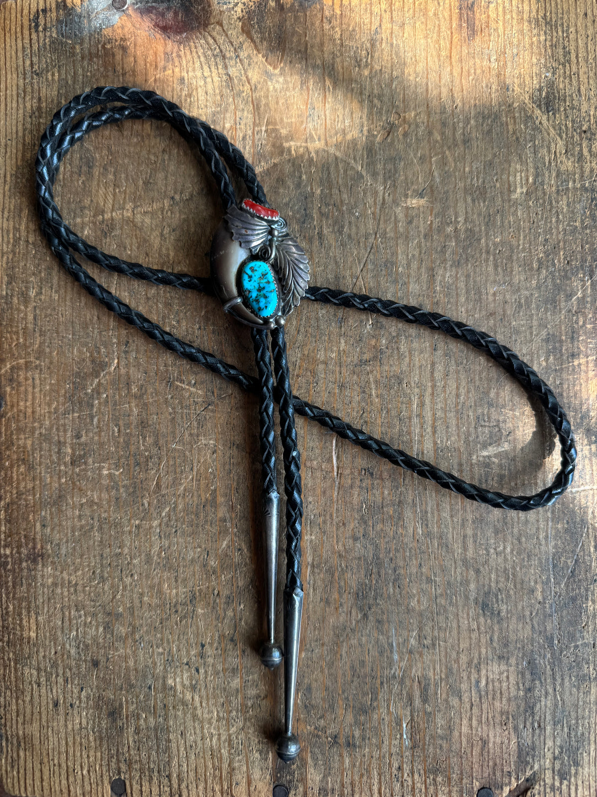 Vintage Sterling Silver Turquoise & Coral Bear Claw Bolo