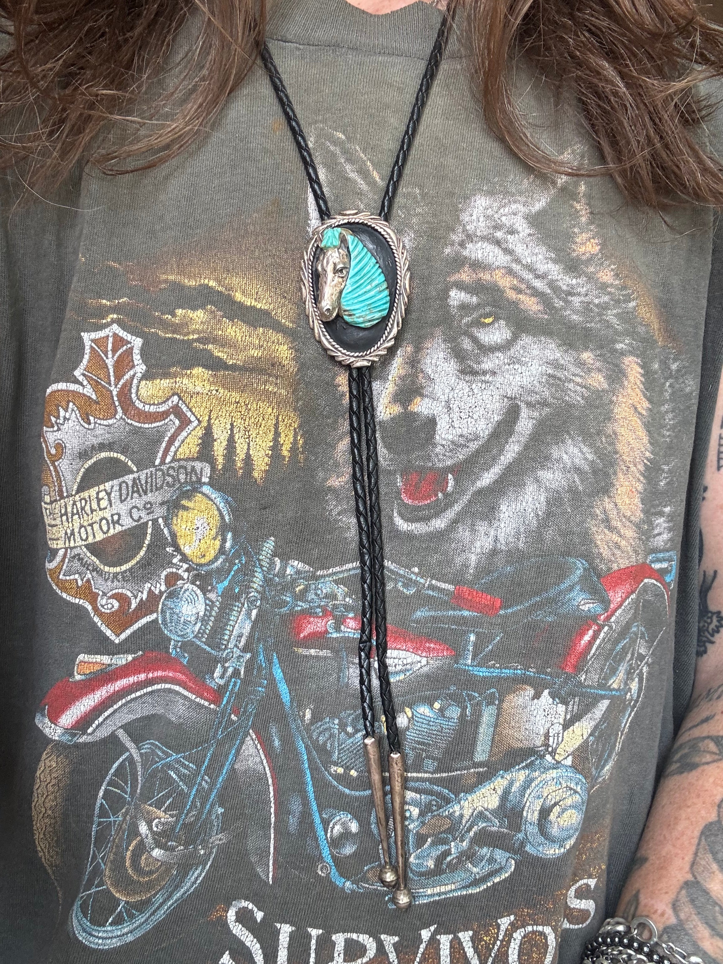 Vintage Sterling Silver & Carved Turquoise Horse Head Bolo Tie