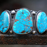 HEAVY Vintage Sterling 3-Stone Turquoise Cuff Bracelet