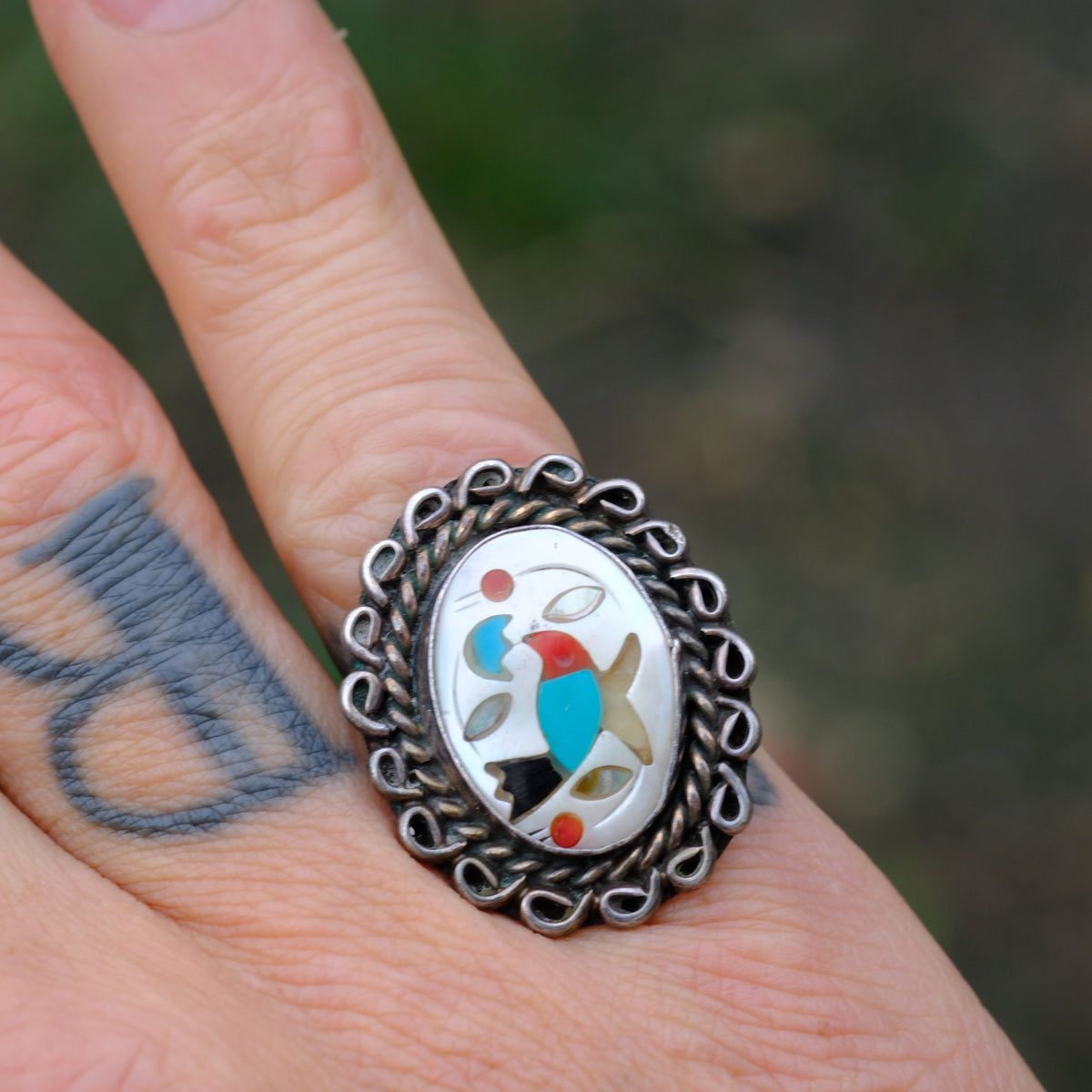 Vintage Sterling Multistone Inlay Bird Ring 6.75