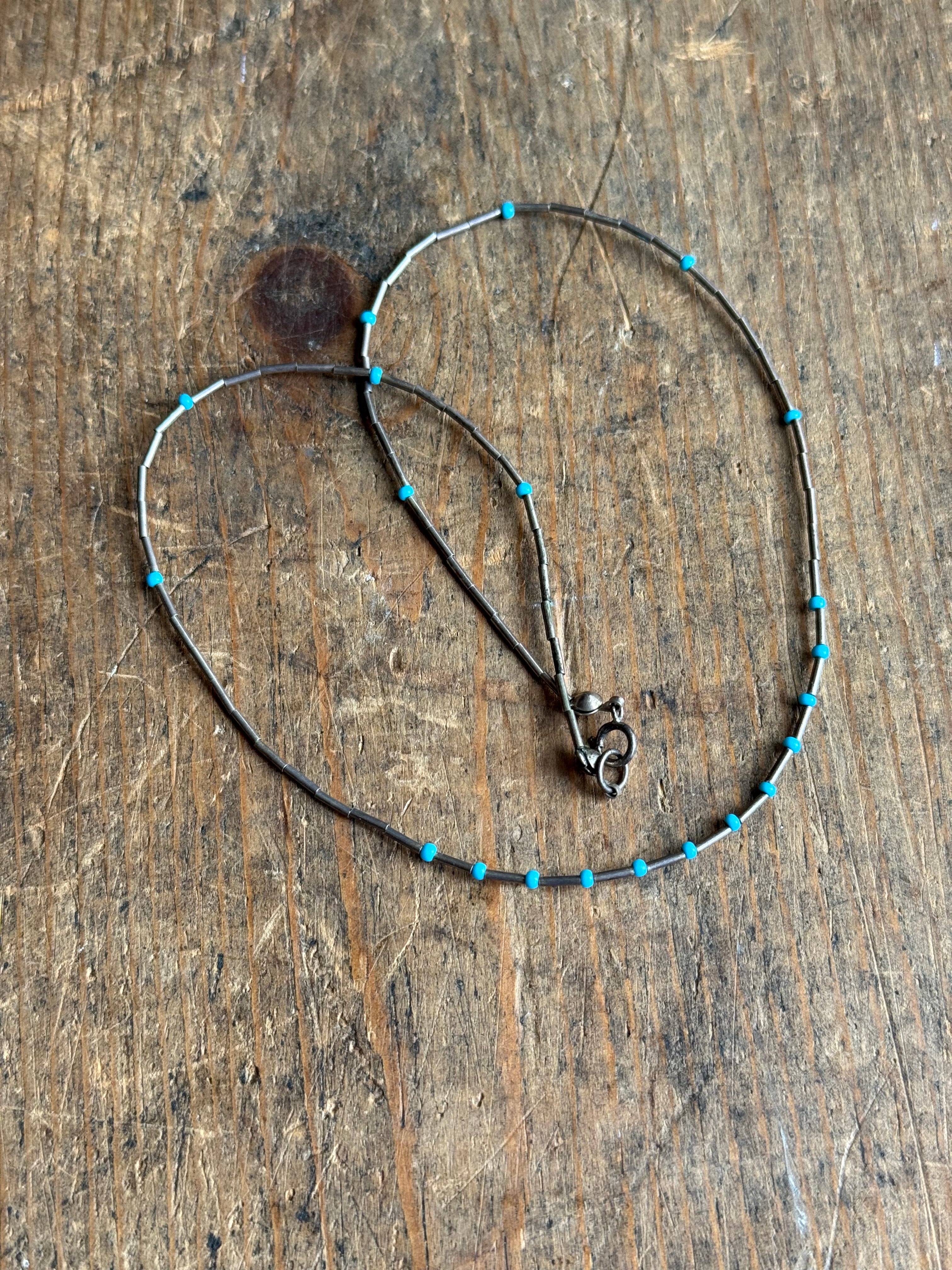 Vintage Sterling Silver 15” Turquoise & Silver Bead Necklace