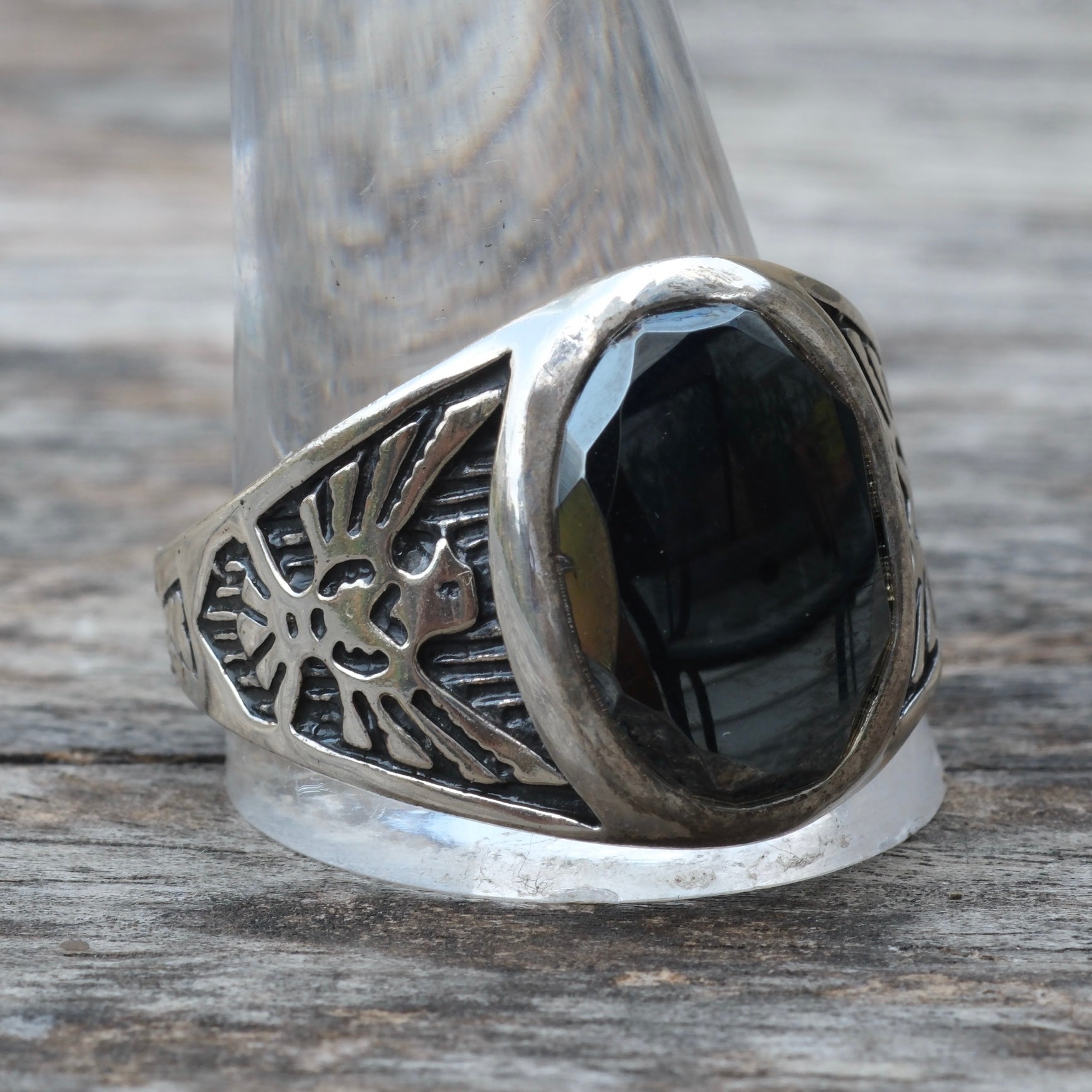 Vintage Sterling Hematite Thunderbird Ring 15