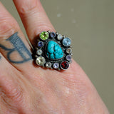 Vintage Sterling Turquoise and Gemstone Cluster Ring 6.25