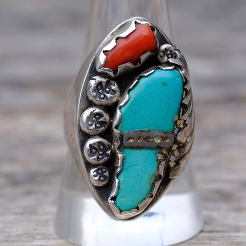 Vintage Sterling Turquoise and Coral Ring 10.25