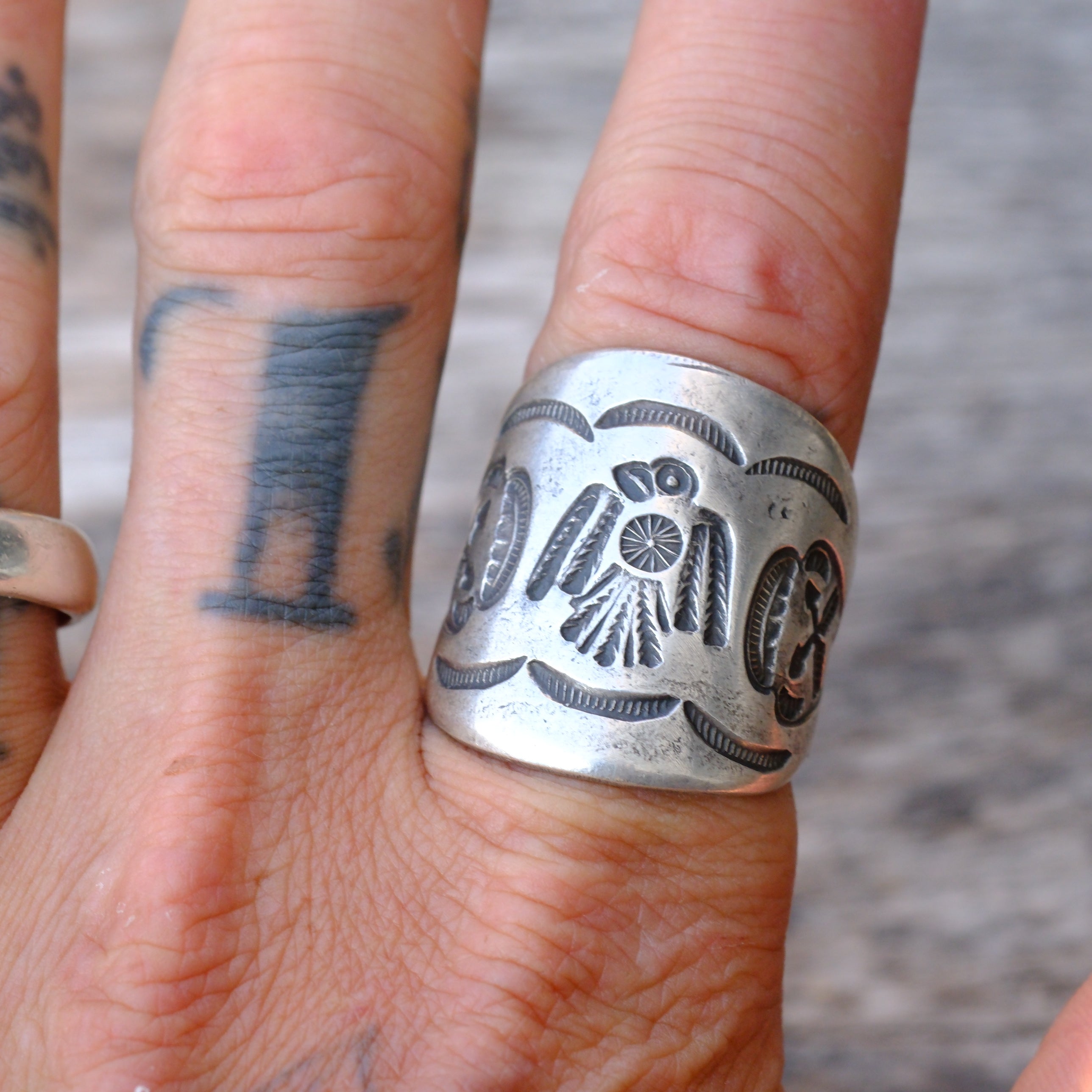 HEAVY Ingot Silver Stamped Thunderbird Cigar Band Ring 10.25