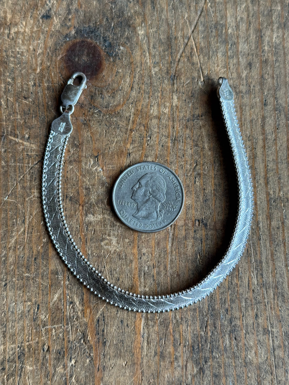 Vintage Sterling Silver Etched Herringbone Chain Bracelet