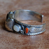 Vintage Sterling Mother Of Pearl and Coral Watch Cuff Bracelet
