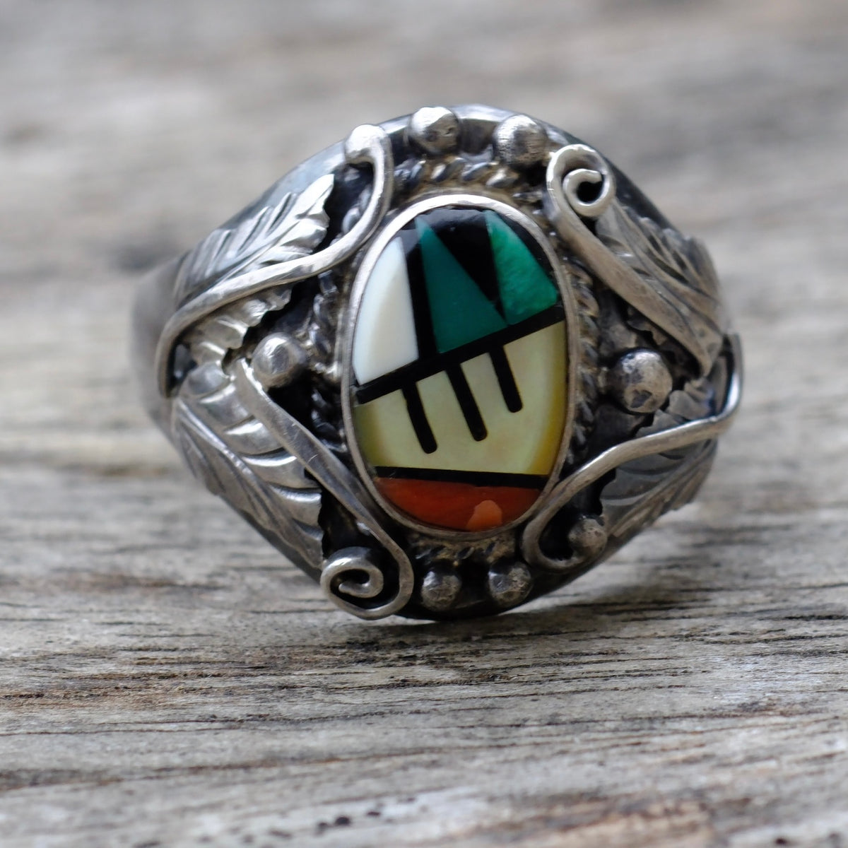 Vintage Sterling Zuni Inlay Ring 11.5