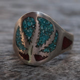 Vintage Sterling Crushed Turquoise and Coral Inlay Sweet Leaf Ring 8.5