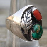 Vintage Sterling Turquoise and Coral Feather Ring 8.25