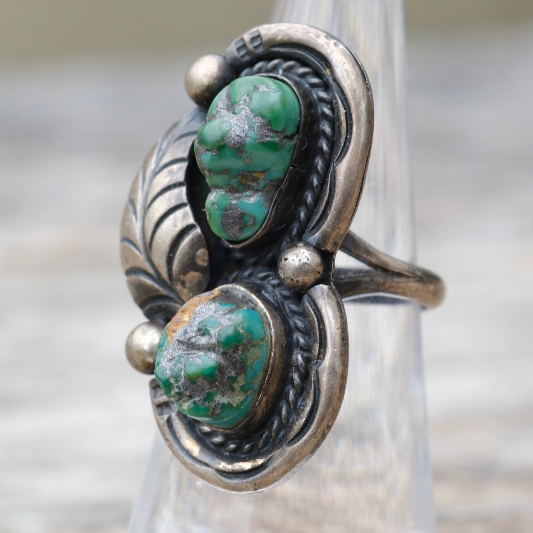 Vintage Sterling 2-Stone Turquoise Feather Ring 5.75