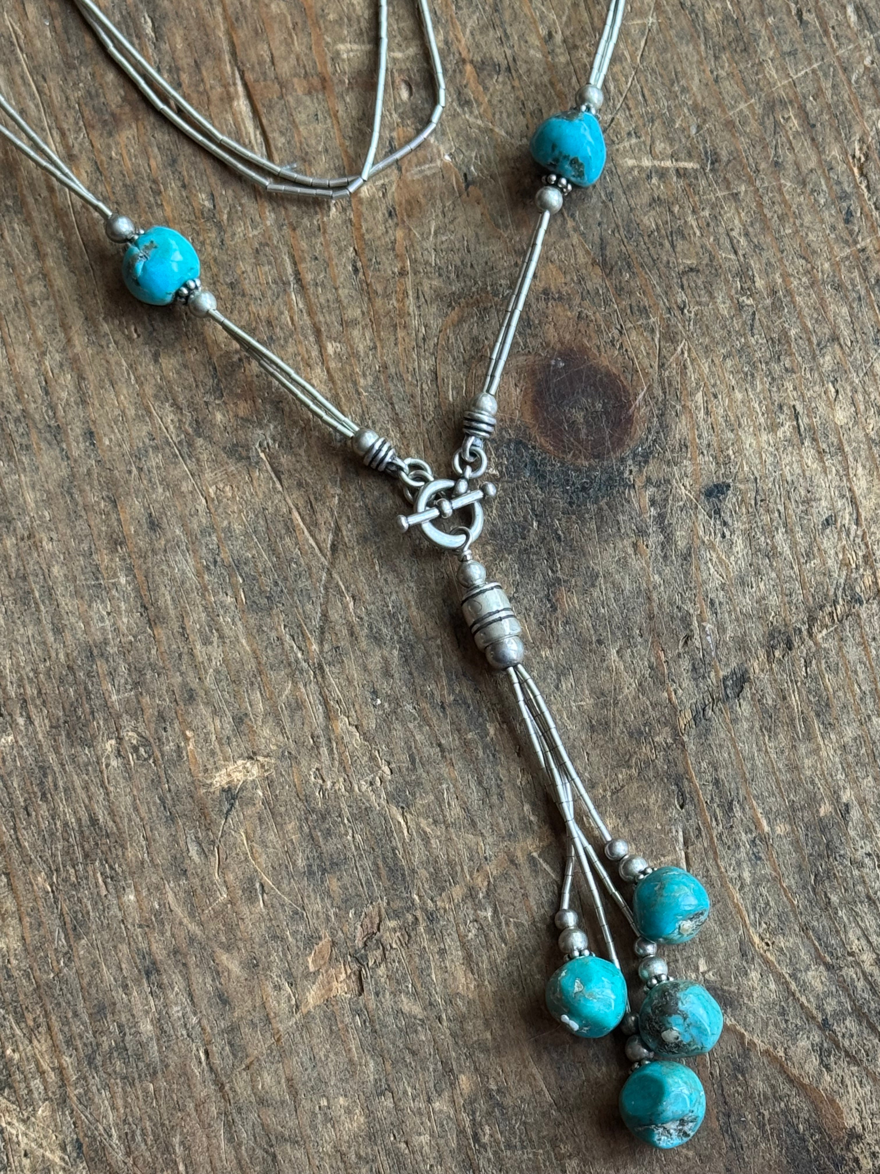 Vintage Sterling Silver Bead Block Turquoise Toggle Lariat Necklace