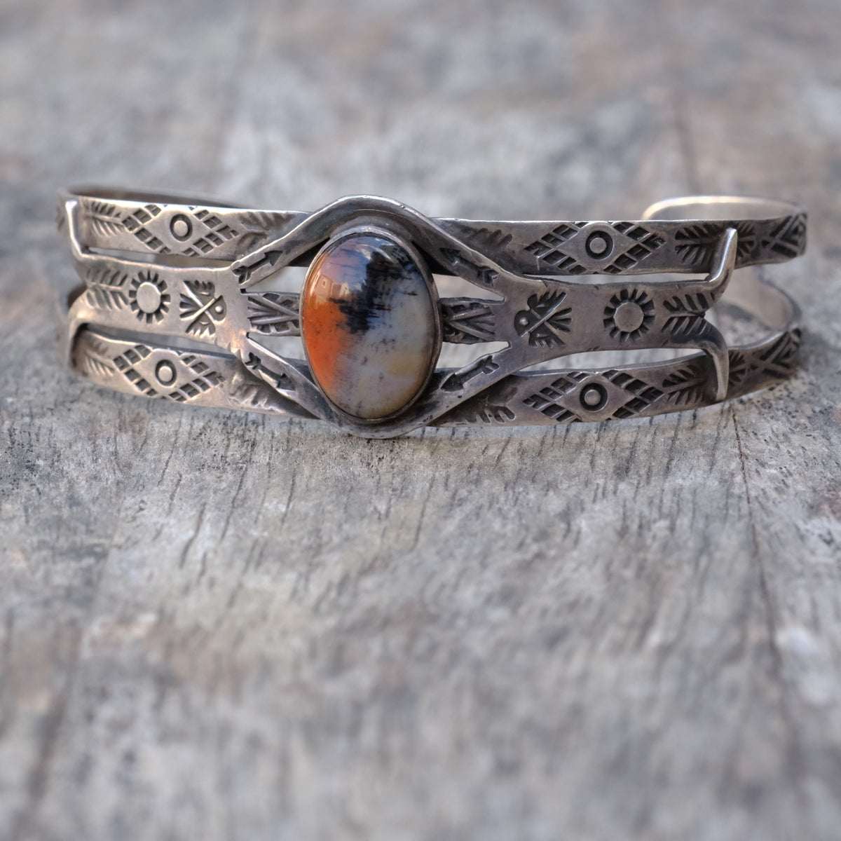 Vintage Sterling Petrified Wood Thunderbird Cuff Bracelet