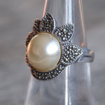 Vintage Sterling Pearl Marcasite Ring 7.5