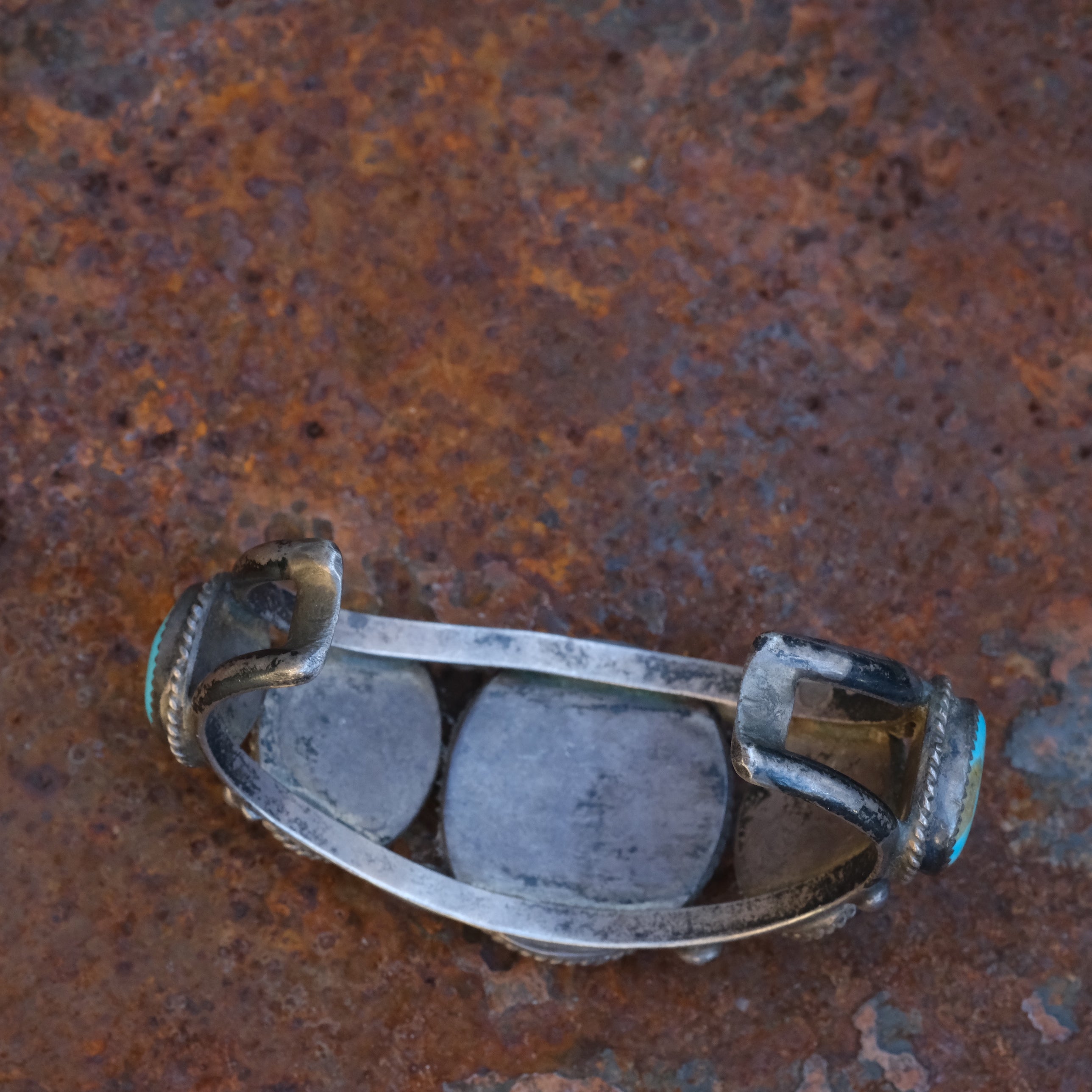 Heavy Vintage Sterling 5-Stone Turquoise Roper Cuff Bracelet