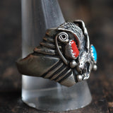 Vintage Sterling Turquoise and Coral Eagle Ring 11.75
